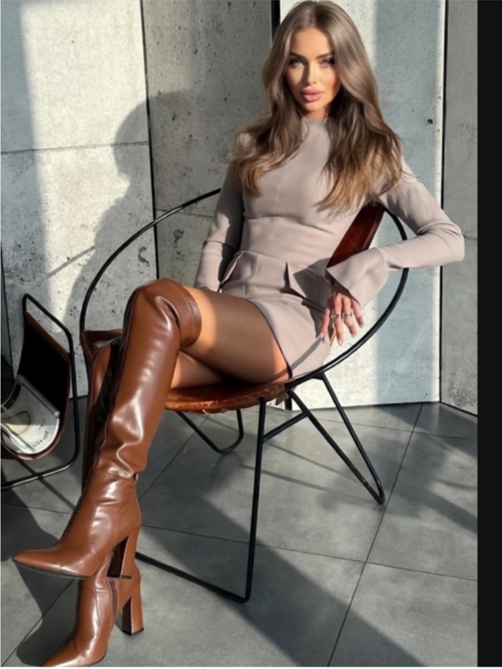 HOUSE OF CB 'Mahalia' Taupe Long Sleeve Mini Dress/Size Small US 4-6 $269